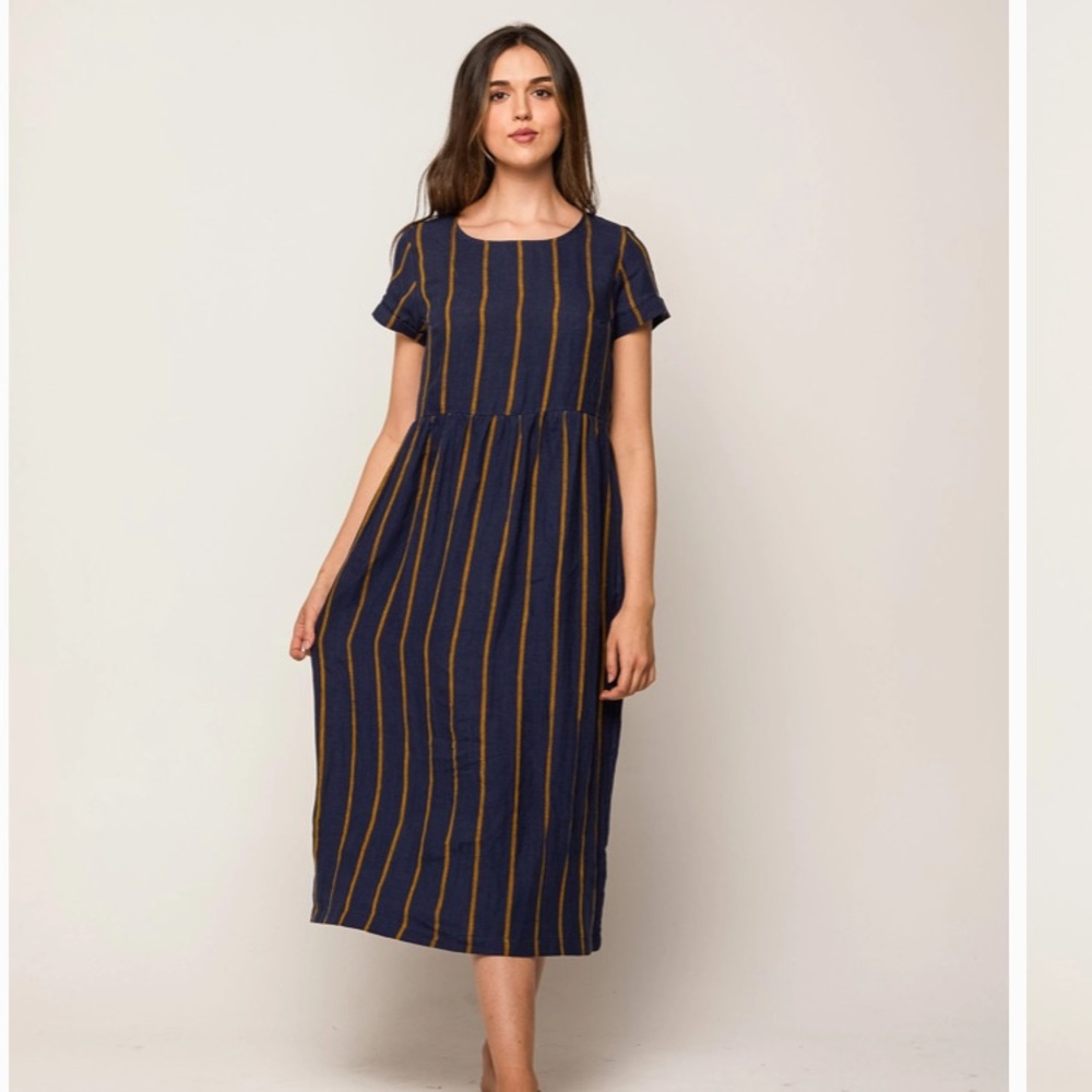 Pyne & Smith Model No. 17 Oxford Stripe Dress Navy Blue & Yellow Striped Linen